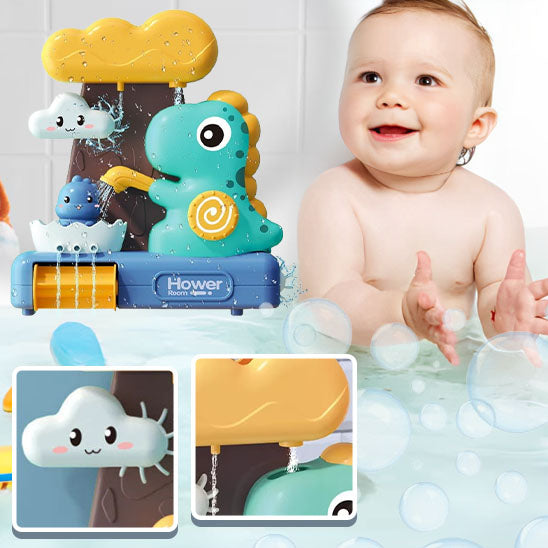 garcon content jouant avec jouet de bain dinosaure